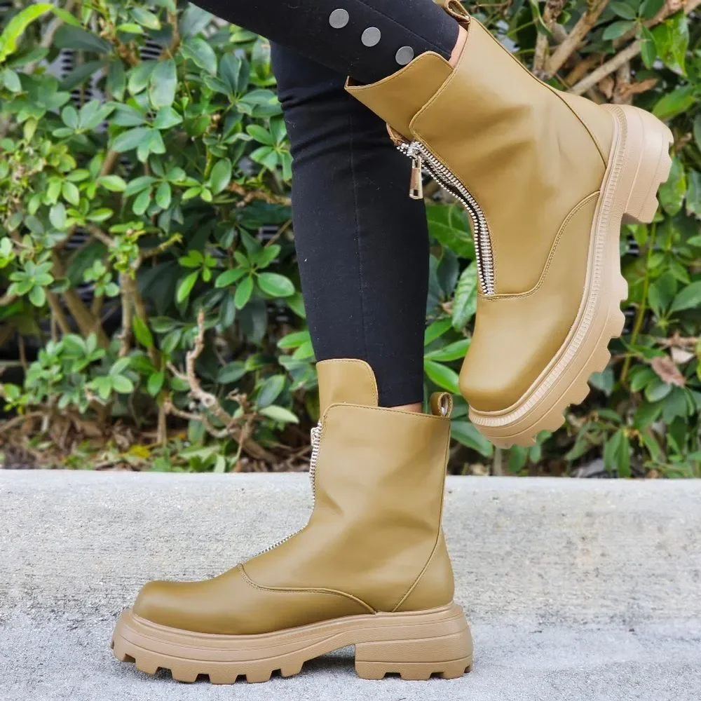 Womens Platform Combat Ankle Boots Olive Color - Picture 3 of 5